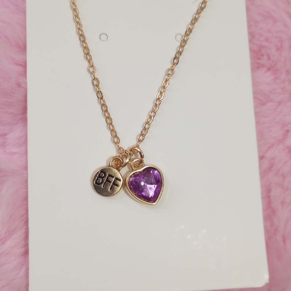 Golden Purple Rhinestone Heart BFF Friendship Necklace